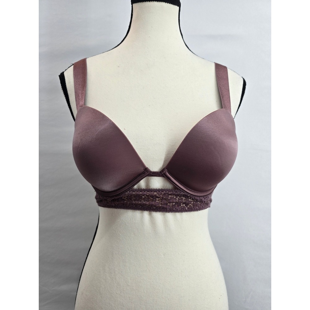 Victorias Secret Mauve Lace Longline‎ Push Up Bra 32C Satin Cutout Back